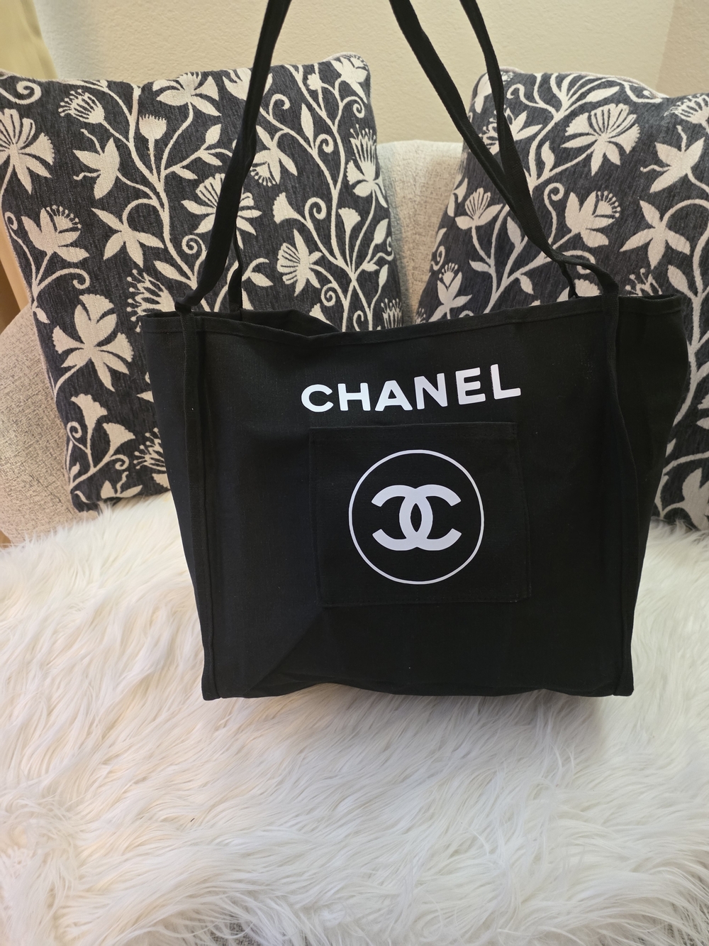 Black Canvas Tote Bag with White Print